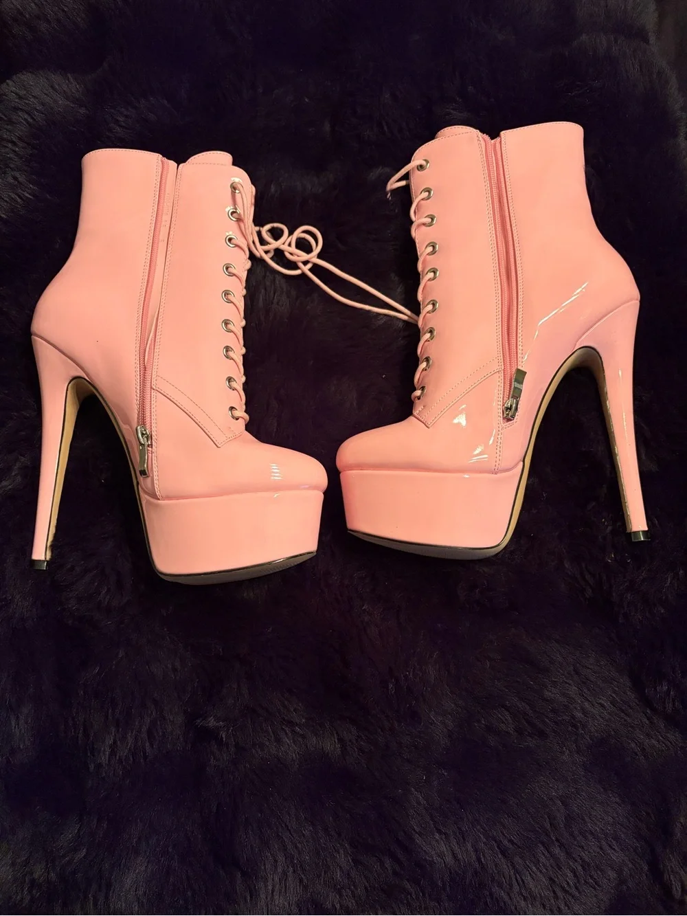 NEW Pink Patent Lace-Up Platform Stiletto Ankle Boots | Side Zip | Size 8.5